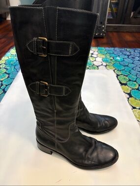 Ecco Black Leather Knee-High Buckle Boots
